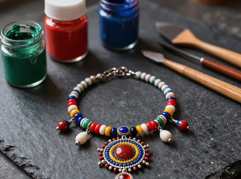 An artistic composition displaying non-religious painted beaded jewelry next to vintage glass jars filled with tempera paints and natural wooden tools on a dark slate gray counter in Santiago, Latin America / Chile.
