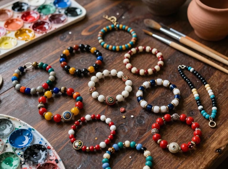 An artistic overhead photo of vibrant handcrafted bracelets and beaded necklaces on a dark oak workshop table surrounded by paint palettes, fine brushes, and clay pots in Latin America / Chile.
