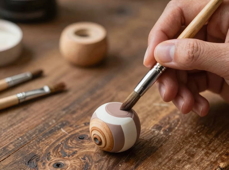 Macro photography of an artisan hand holding a small delicate brush, applying soft taupe and alabaster acrylic detail onto a handcrafted wooden bead on a rustic desk in Latin America / Chile.