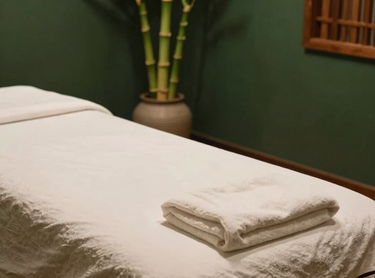 A close-up shot of a serene Indonesian massage room in South Jakarta. A massage table with pristine off-white linen, green bamboo shoots standing in a ceramic vase nearby, and warm soft lighting casting a gentle glow on dark forest green walls. Natural wood textures, peaceful luxury spa mood.