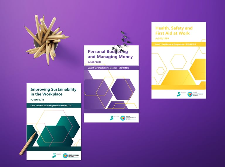 Educational workbook designed for Worcestershire College with professional print layout.