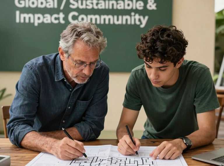 A focused photograph of a mentor and a young innovator examining land restoration blueprints on an outdoor wooden table. Natural daylight, dark slate green and warm beige backdrop. Global / Sustainable & Impact Community background.