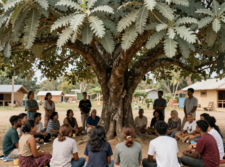 An inspiring photograph showing community members and young leaders gathering under a historic canopy tree in a sustainable village. Warm sand lighting, soft sage green leaves. Global / Sustainable & Impact Community context.