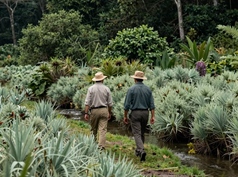 A medium photo of two field stewards walking along a natural waterway in a community-managed land reserve, observing native flora. Palette includes dark forest green and medium sage green, bright organic lighting. Global / Sustainable & Impact Community context.