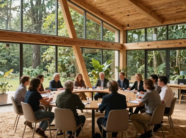 A photo of a collaborative roundtable discussion inside a modern sustainable timber pavilion. Warm sand background tones, dark forest green accents, natural sunlight streaming through high windows. Global / Sustainable & Impact Community setting.