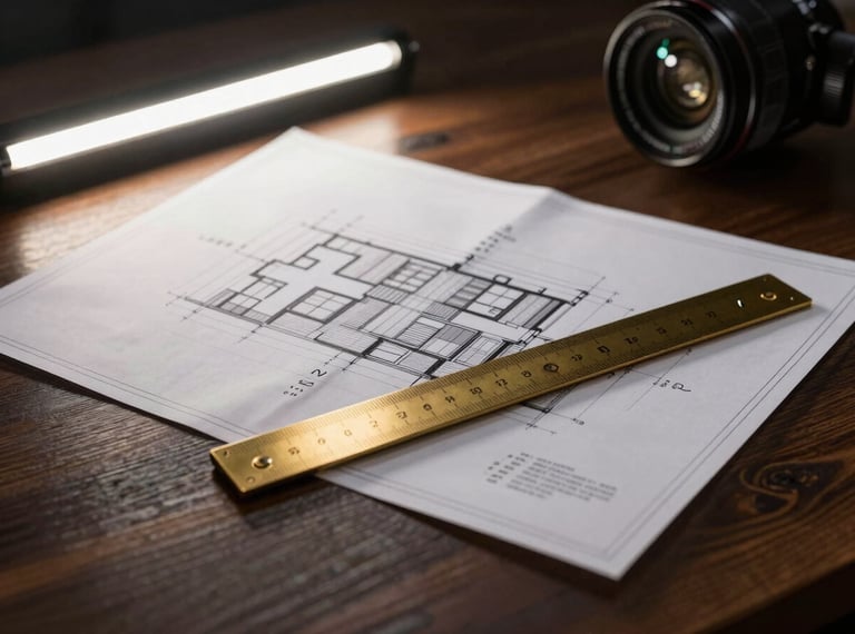 Architectural blueprint on a dark wooden desk, a brass scale ruler, soft linear LED lighting from above casting precise shadows, high-contrast details
