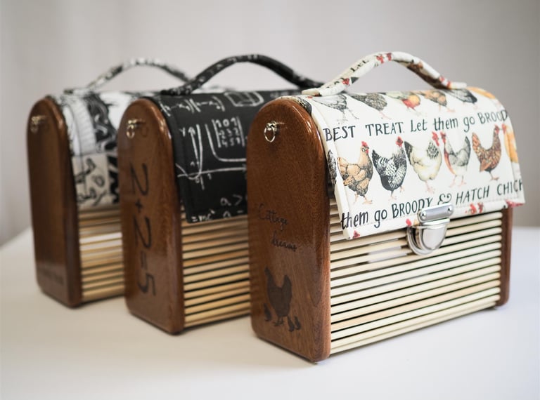 mahogany wooden bags with bamboo sticks and printed fabric
