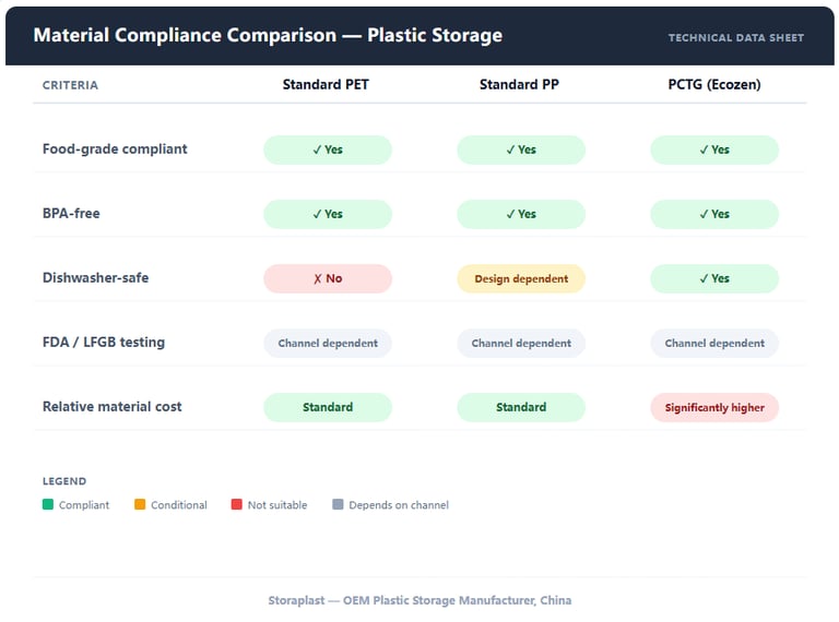 Material compliance comparison table: PET, PP, PCTG food-grade, BPA-free, dishwasher-safe ratings
