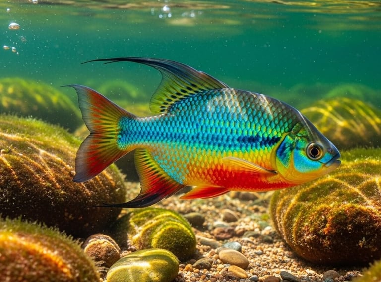peixe piaú com barriga vermelha e mancha escura nas lateral no fundo rio