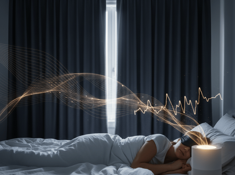 Woman sleeping with an eye mask next to a white noise machine with glowing sound waves.