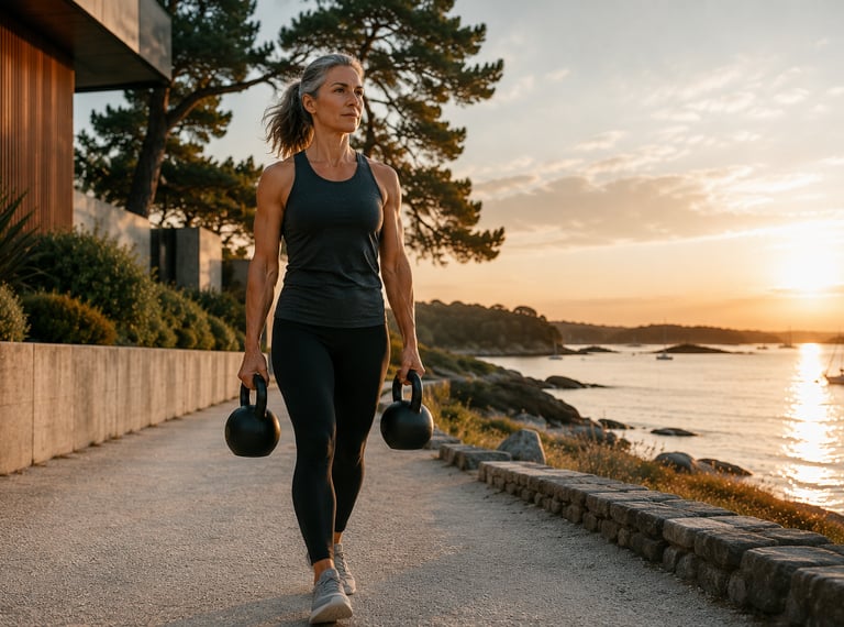 Femme 40+ effectuant un exercice de farmer carry en bord de mer au crépuscule