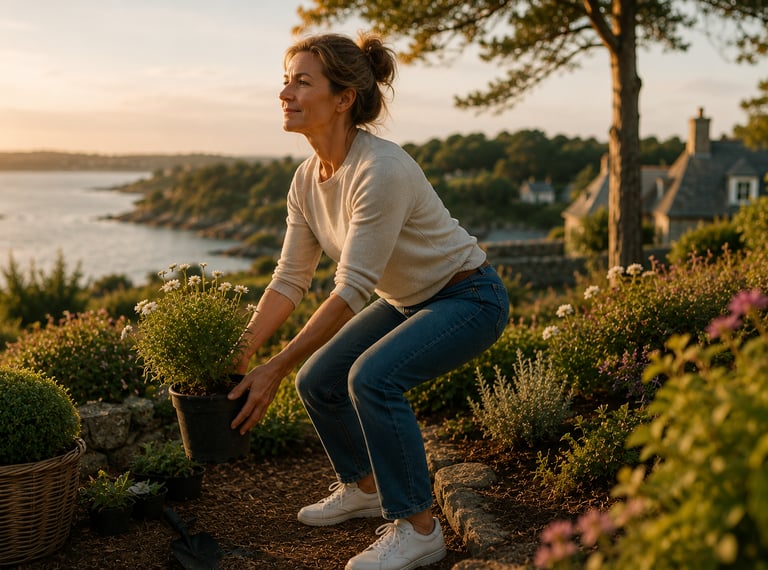 Mobilité des hanches après 40 ans lors d'un mouvement de jardinage en position accroupie.