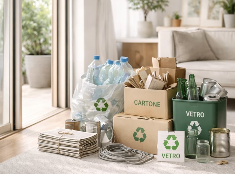 Pile di materiali da smaltire in casa tra cui cartone, carta, bottiglie PET, vetro e lattine in un soggiorno