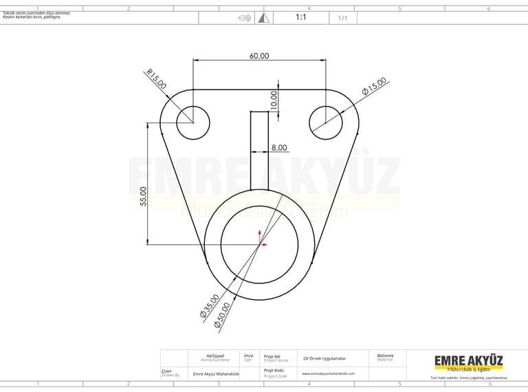 üniversite autocad sınavı çizim, çizim örneği, 2 boyutlu çizim, 2 boyutlu teknik resim