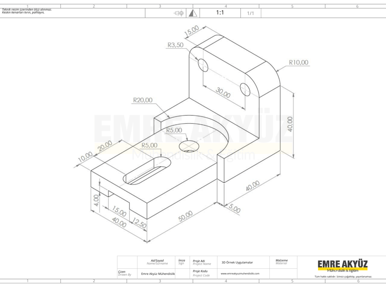 autocad sınav, autocad sınav çizimi, solidworks sınav çizimi, teknik resim 3d 