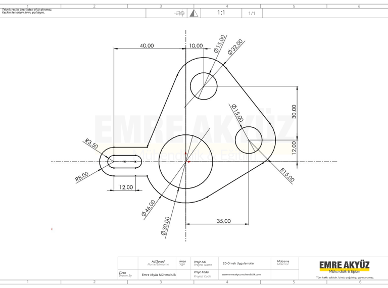 üniversite autocad sınavı çizim, çizim örneği, 2 boyutlu çizim, 2 boyutlu teknik resim