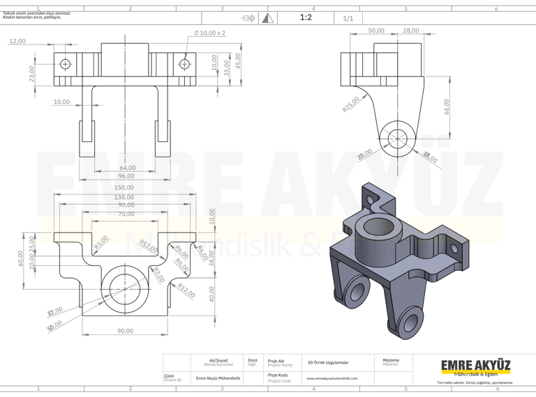Zor teknik resim, solidworks zor çizim, zor teknik 3d resim, zor 3 boyutlu örnek