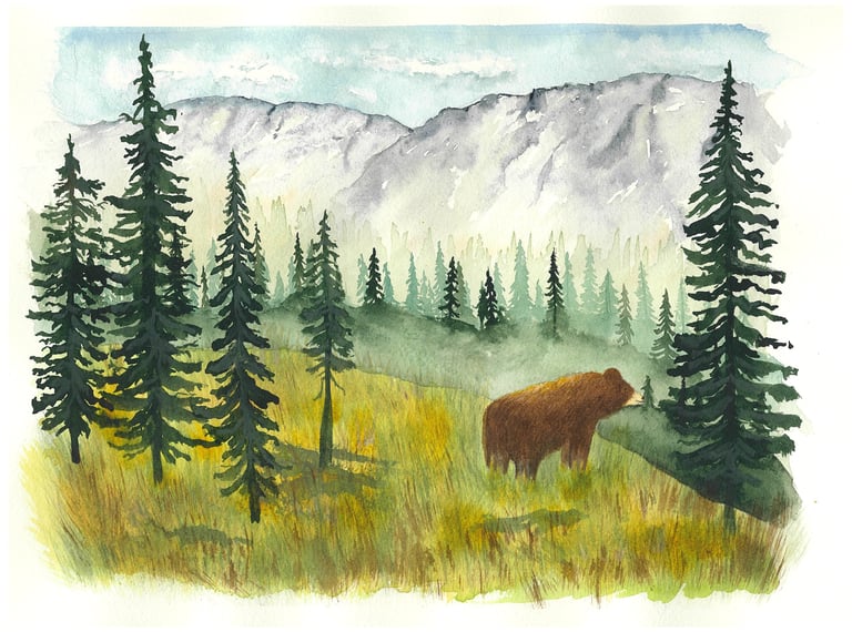 a watercolor bear in a field with trees with mountains in the background
