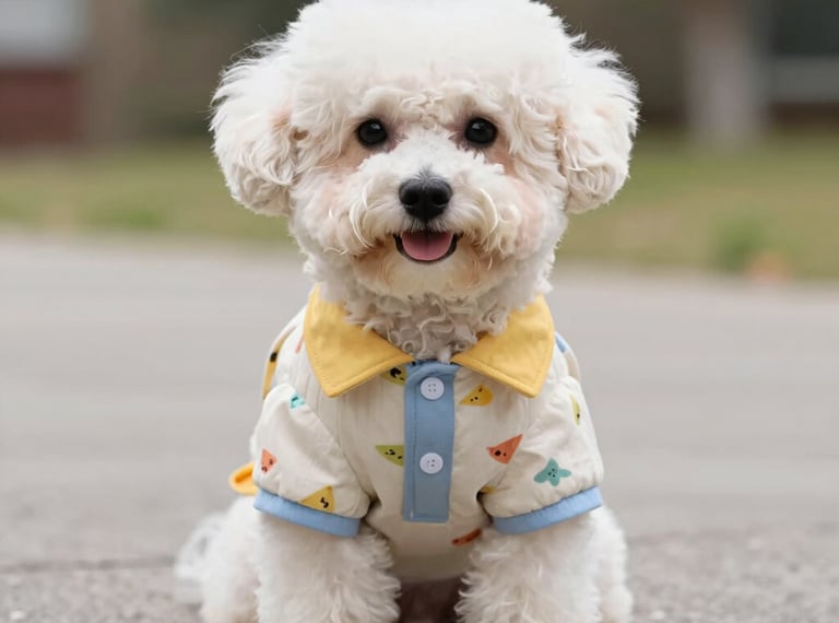 Un cachorro de Bichón Frisé blanco y esponjoso, con una linda camisa polo estampada, sentado al aire