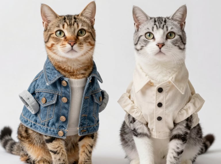 Dos gatos atigrados con ropa para mascotas, que incluye una chaqueta vaquera y una camisa crema