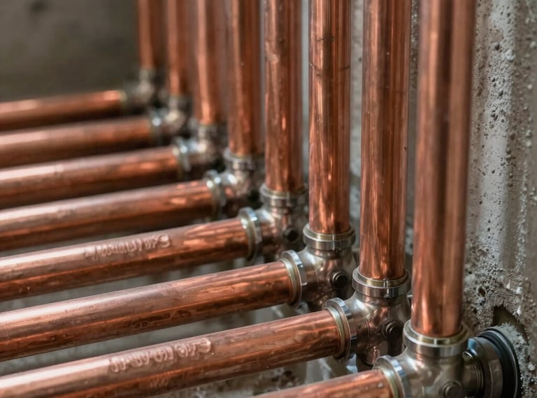 A detailed close-up of newly installed copper water pipelines in a residential basement in Germany. Neatly organized rows, clean solder joints, reflecting soft overhead work lights. Technical, precise craftsmanship, professional construction photography, Central European / Germany.