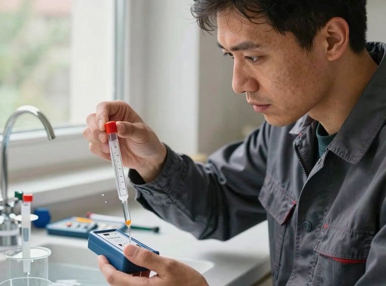 A service technician examining water quality in a German home. Holding a professional testing kit with clear test tubes, showing precise measuring. Clean, organized setup, professional attire, soft daylight from a nearby window, Central European / Germany.
