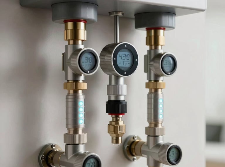 A modern smart home water manifold system installed in a German house. Electronic valves, glowing status LEDs in soft blue, digital pressure sensors, high-tech water management. Sharp technical photograph, clean and premium, Central European / Germany.
