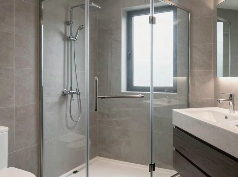 A high-end, clean modern bathroom with a walk-in glass shower, elegant grey tiling, and modern water fittings, bright natural light, Central European style.