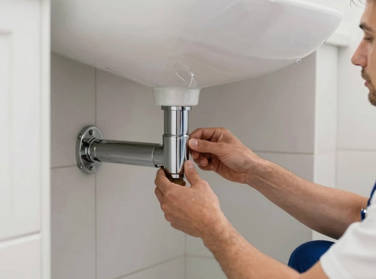 Professional plumber installing high-end bathroom fixtures in a newly renovated German home. Wearing clean professional workwear. Focus on hands carefully adjusting a chrome pipe under the sink. Bright, clean, professional craftsmanship, soft natural light, Central European / Germany.