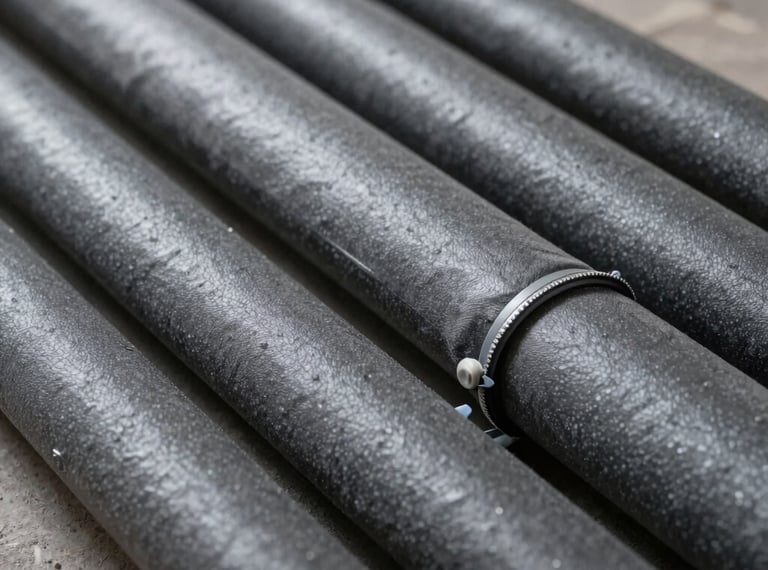 A close-up of high-quality thermal pipe insulation on basement heating lines in Germany. Neatly wrapped grey foam sleeves with secure zip ties, showcasing energy-efficient building technology. Sharp focus, clean and professional, Central European / Germany.