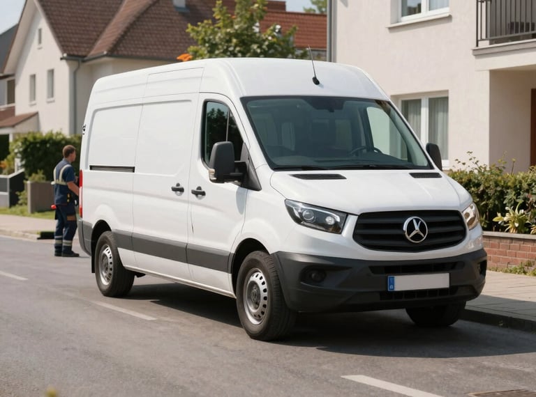 A professional service vehicle parked in a tidy suburban street in Germany. Clean branding on the van, professional technician carrying a toolbox towards a residential building. Bright daylight, realistic and trustworthy atmosphere, Central European / Germany.