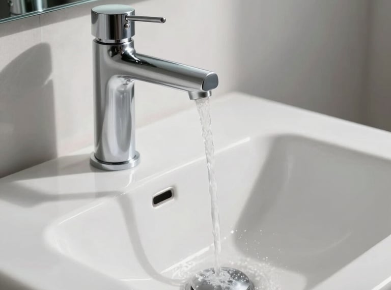 A close-up photograph of a sleek, modern bathroom vanity in Germany. Minimalist design, brushed chrome faucet with flowing clear water, premium white ceramic washbasin, high-end materials. Bright natural morning light, crisp focus, architectural digest style, Central European / Germany.