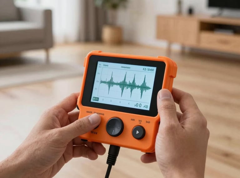 A technician using a digital acoustic water leak detector on a floor in a modern German home. Detailed view of the smart device screen showing signal waves, clean and high-tech approach. Soft natural indoor lighting, Central European / Germany.
