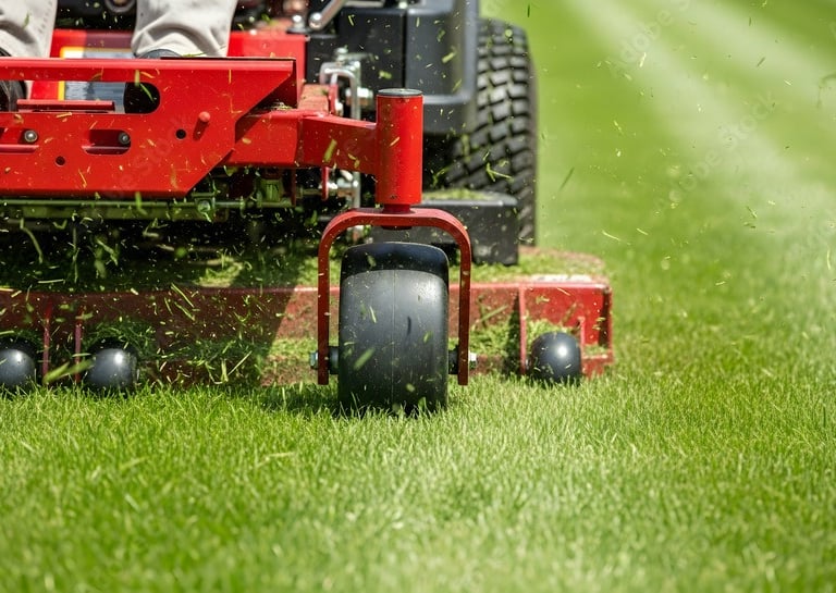 A red zero-turn commercial lawn mower cutting green grass in a professional landscaping pattern.