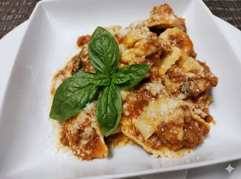 Piatto di ravioli artigianali al ragù di carne con una foglia di basilico fresco al centro.