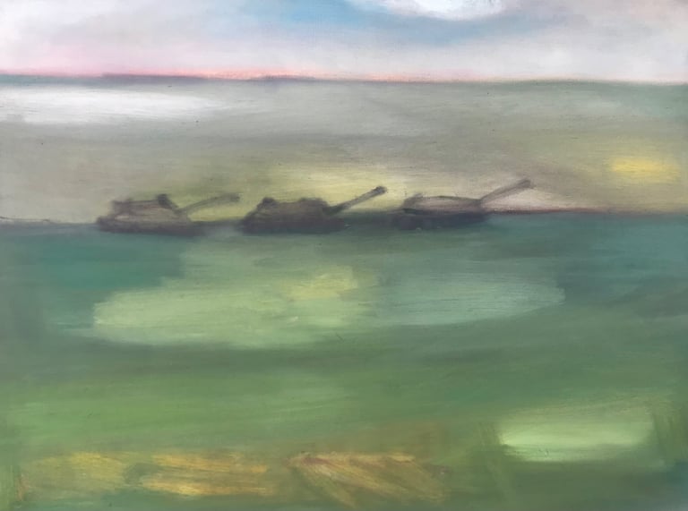 Borders: tanks passing fields oil painting by Lina Mikuzyte