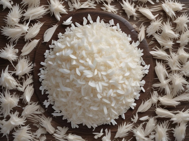 A variety of rice grains displayed in clear glass jars.