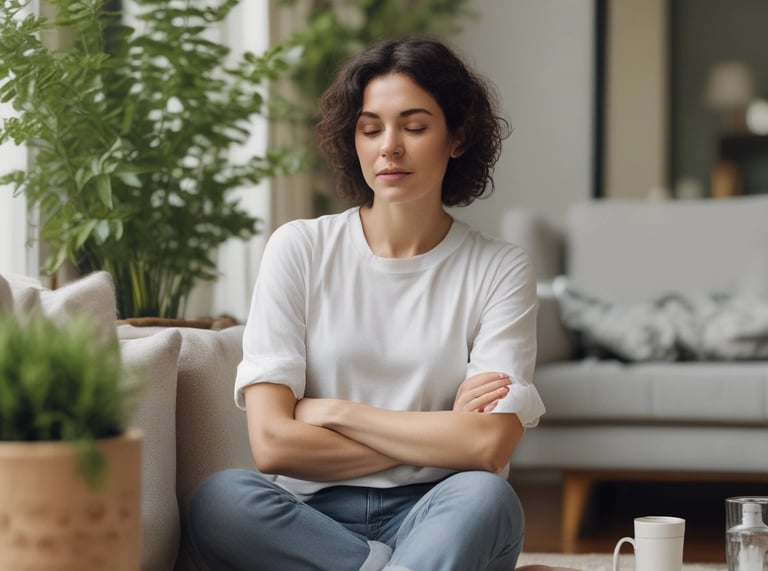 A serene mid-life woman sitting peacefully in a sunlit garden surrounded by soft green foliage.