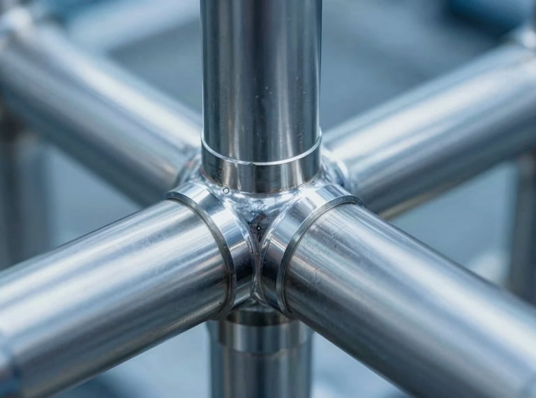 Sharp industrial photography of a seamless hand-polished stainless steel joint, cool blue and steel tones, high-contrast architectural lighting, macro detail, clean metallic reflections