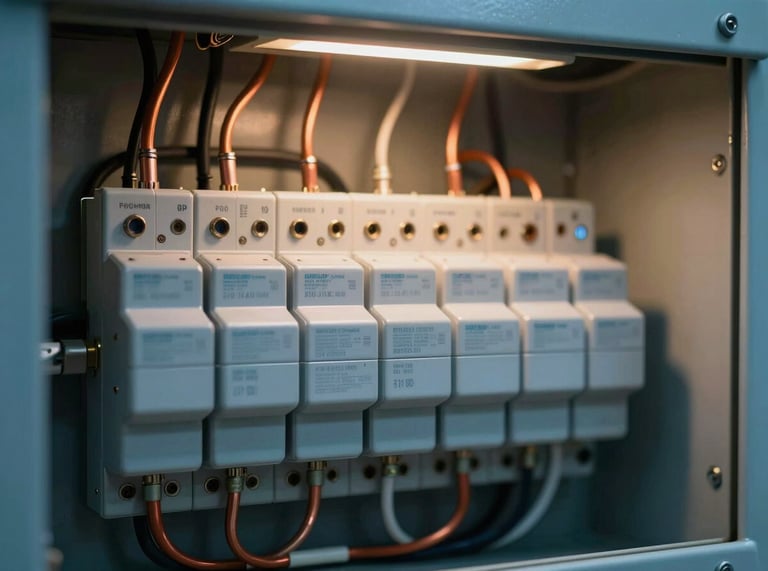 Close-up of neatly organized industrial electrical panel with copper wiring and clean technical lighting, deep blue and amber tones