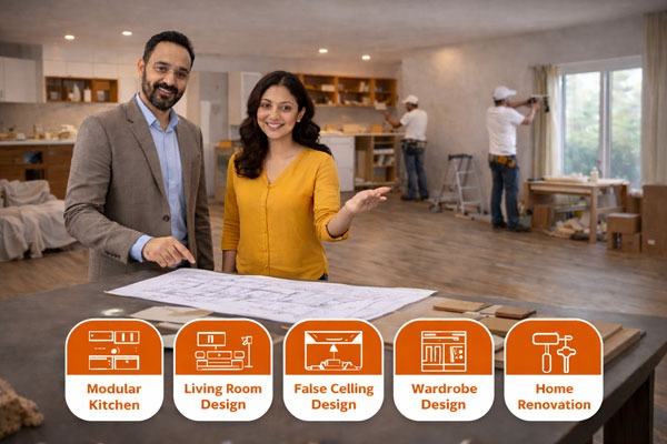 Smiling couple reviewing home renovation floor plans with interior design service icons for modular kitchens.
