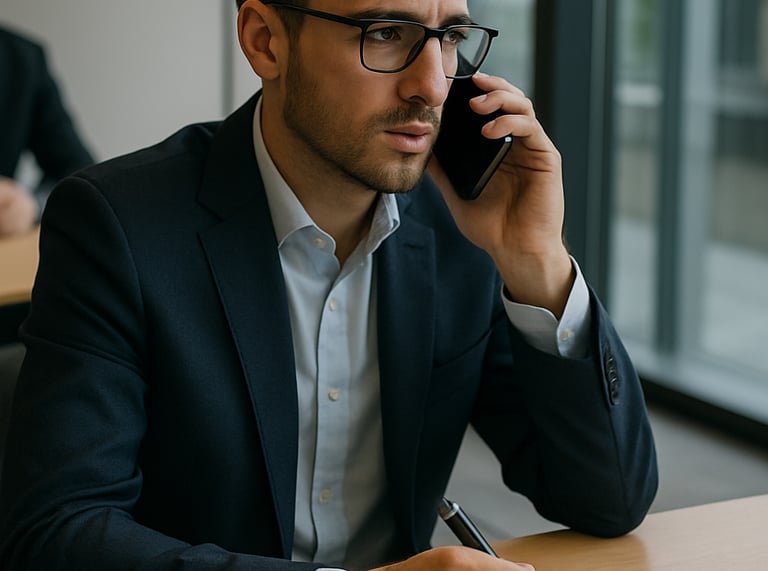 a man in a suit and glasses talking on a cell phone
