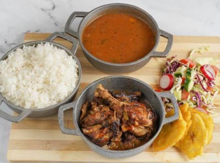 a variety of food items including rice, rice, and vegetables