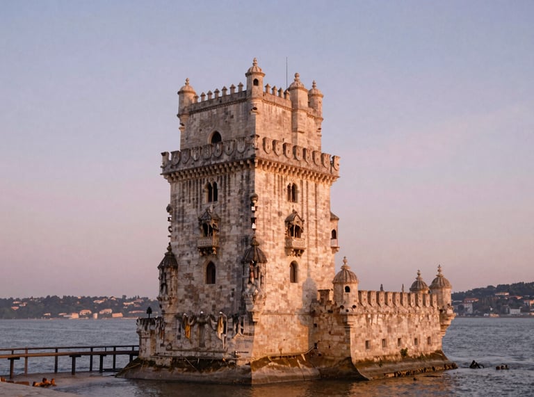 A simple elegant setup near the Tagus riverfront in Belém, soft pastel sky at dusk, calm water in the background, 35mm