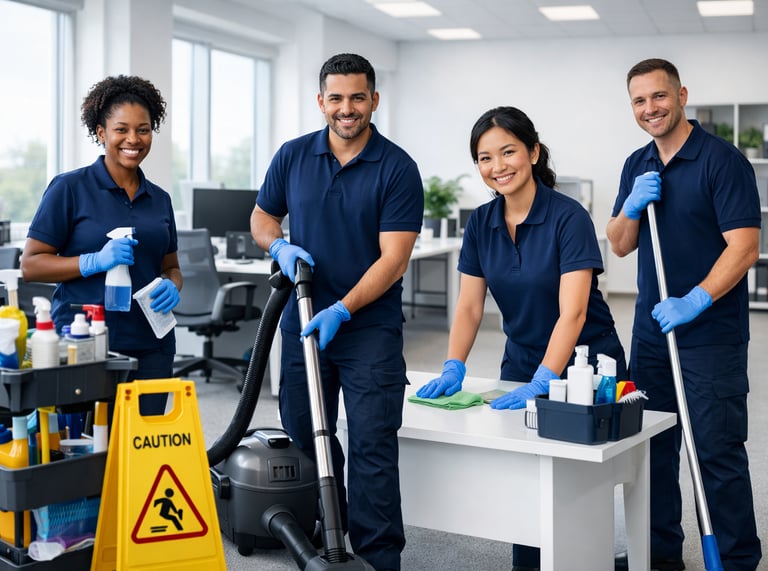 Professional commercial cleaning team in blue uniforms posing with office cleaning supplies and equipment.