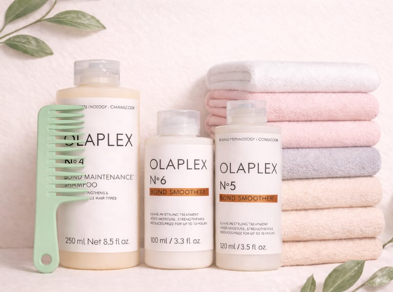 Wet hair care tools including microfiber towel, wide tooth comb, shampoo and conditioner