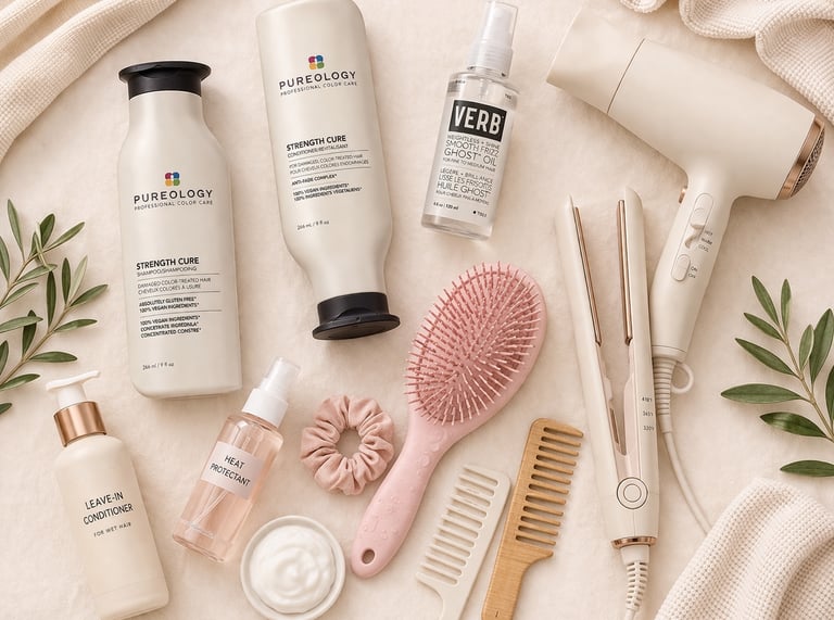 Hair care routine essentials including blow dryers, flat iron, comb, towel, and styling products