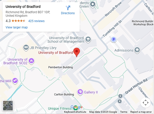 A map showing the location of the University of Bradford, home of the WattCrete project.
