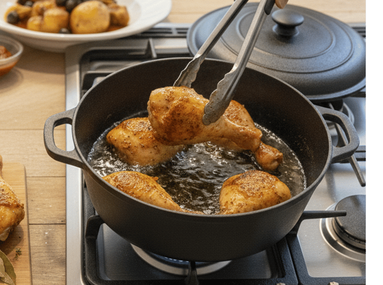 Tongs flipping seasoned chicken drumsticks frying in a black cast iron dutch oven on a gas stovetop.