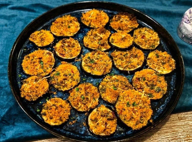 Crispy baked eggplant rounds topped with seasoned breadcrumbs and herbs on a dark serving platter.